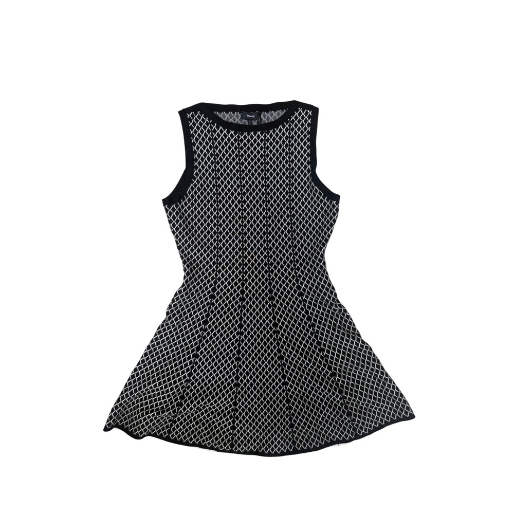 Theory Womens Black White Diamond Lattice Knit Fit Flare Mini Dress Size L